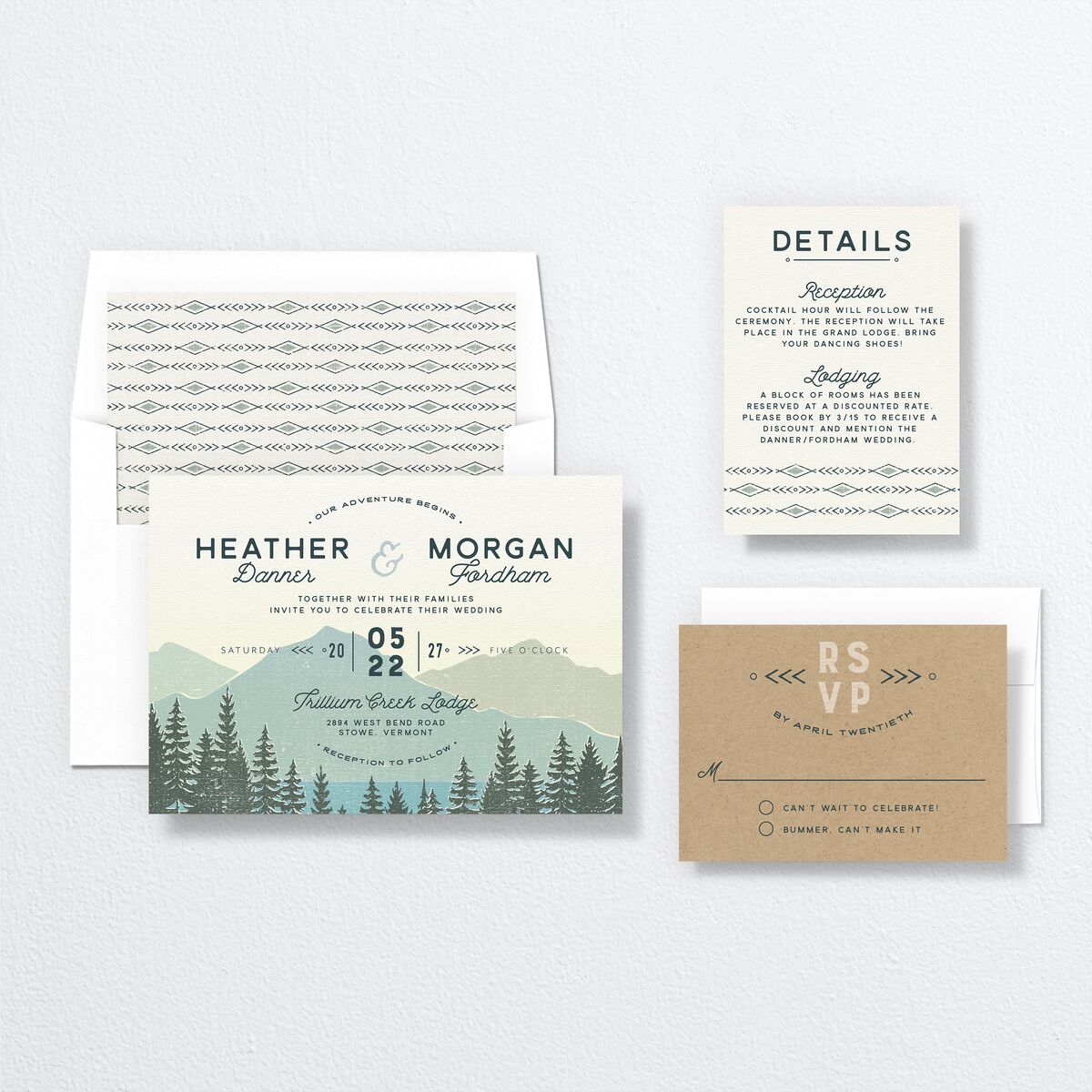Vintage Mountain Wedding Invitations suite in Teal