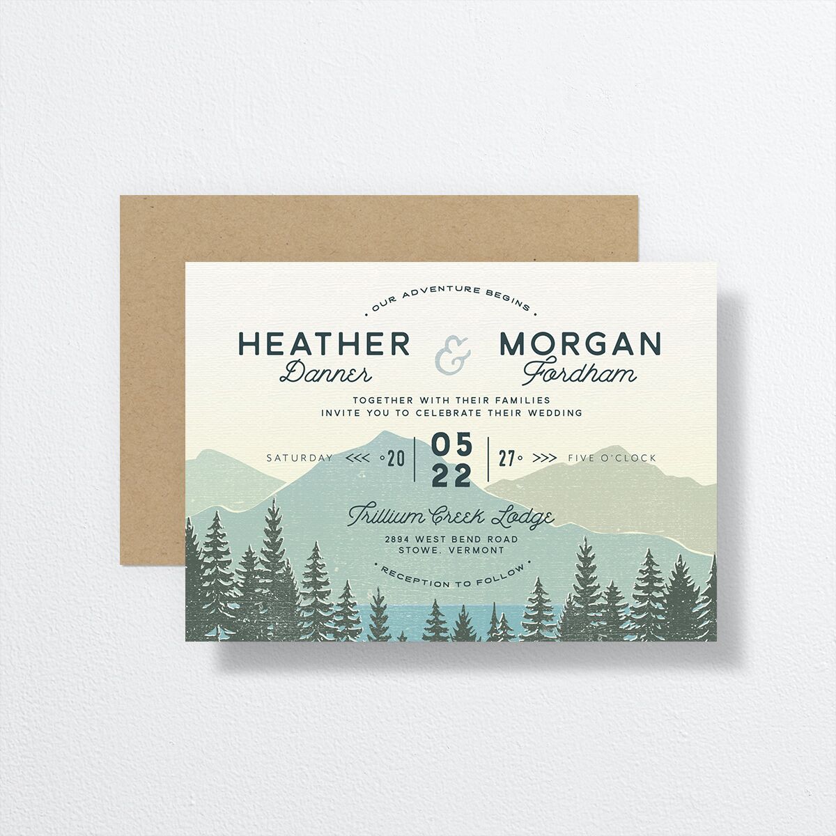 Vintage Mountain Wedding Invitations front-and-back in teal