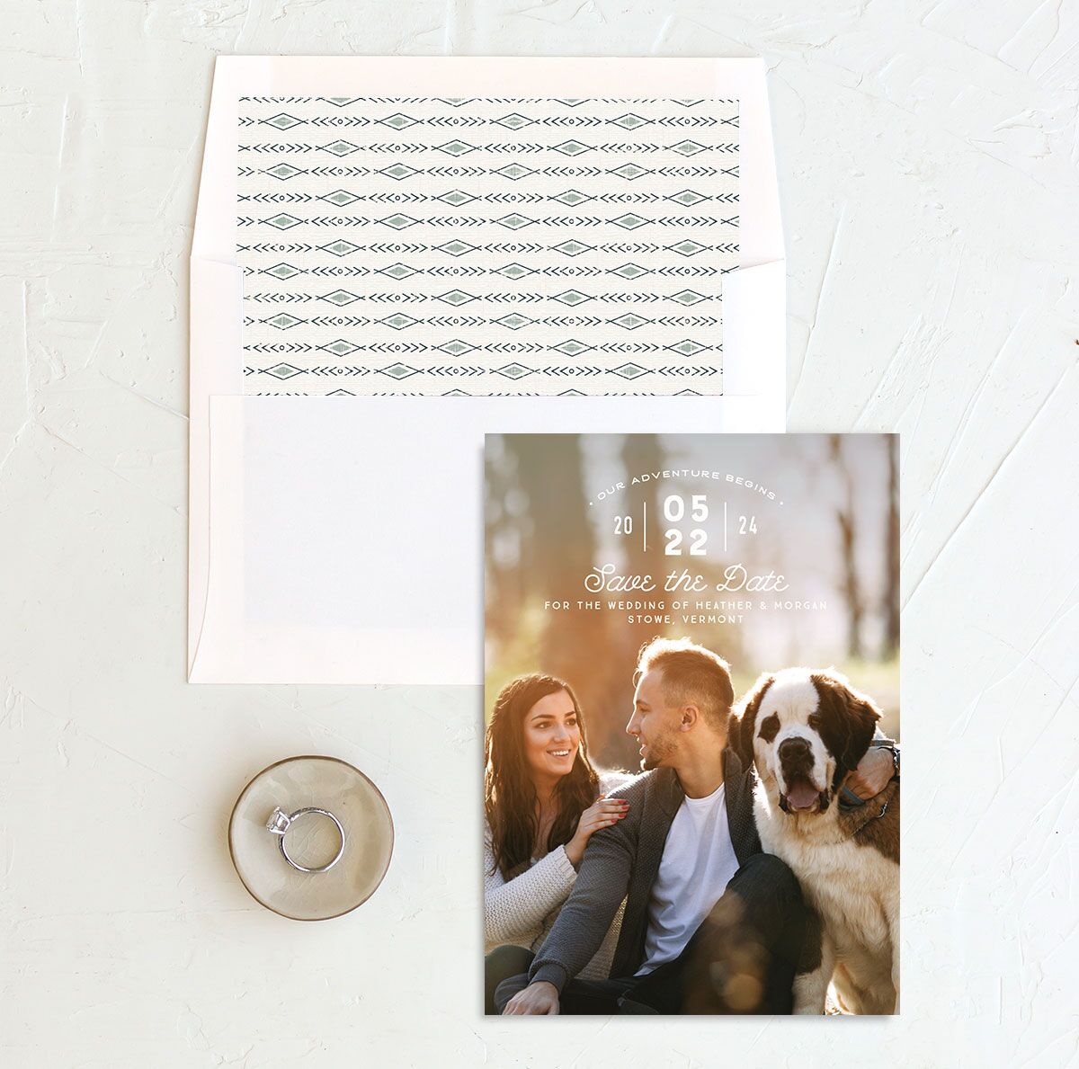 Rustic Mountain Save the Date Cards envelope-and-liner in teal