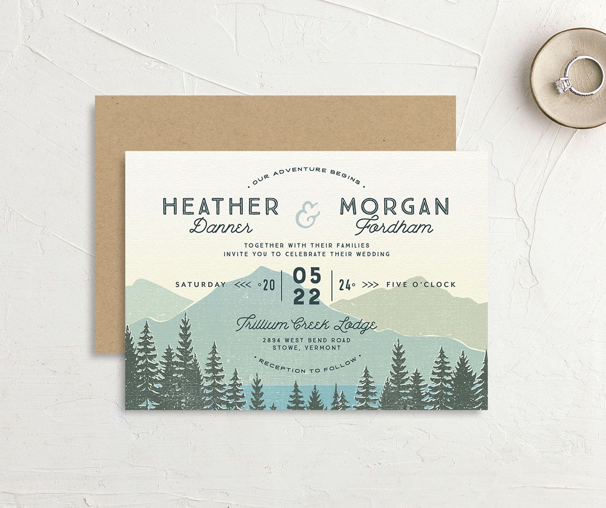 Rustic Mountain Wedding Invitations front-and-back in teal