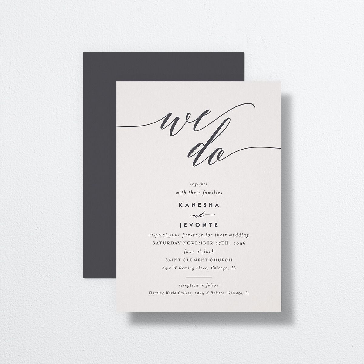 We Do Wedding Invitations front-and-back in grey