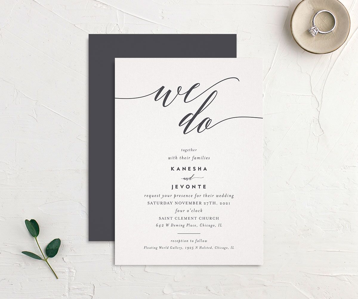 Modern Calligraphy Wedding Invitations front-and-back in grey