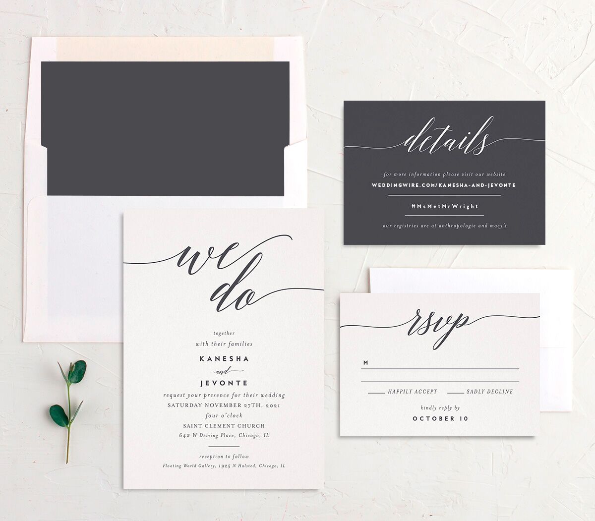 Modern Calligraphy Wedding Invitations suite in grey