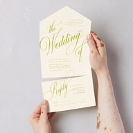 Modern Wedding Of Calligraphy All-in-One Wedding Invitations Chartreuse Signature Light Both Recipient and Return Addresses No