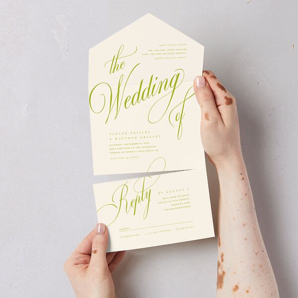 Modern Wedding Of Calligraphy All-in-One Wedding Invitations Chartreuse Signature Light Both Recipient and Return Addresses No