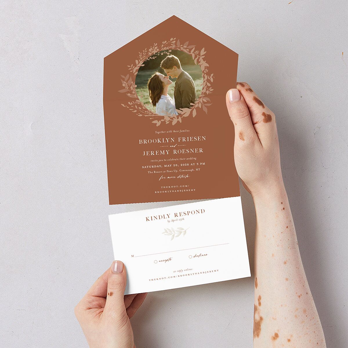 Shining Wreath All-in-One Wedding Invitations Terracotta Signature Light Both Recipient and Return Addresses No