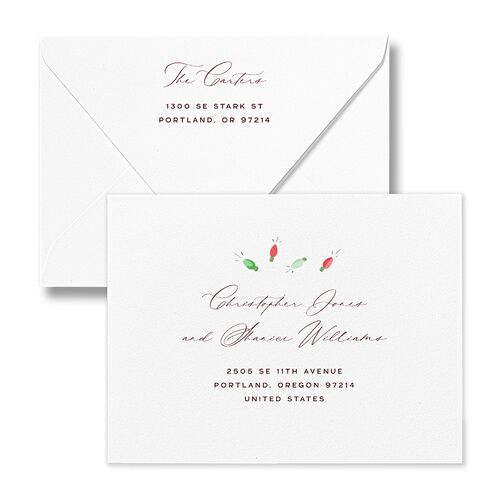 Whimsical Drawn Holiday Lights Thank You Card Euro Envelopes White Merlot Both Recipient and Return Addresses Luxe Signature