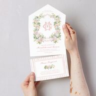 Maximalist Floral Crest All-in-One Wedding Invitations Pink Cotton Signature Light Both Recipient and Return Addresses No