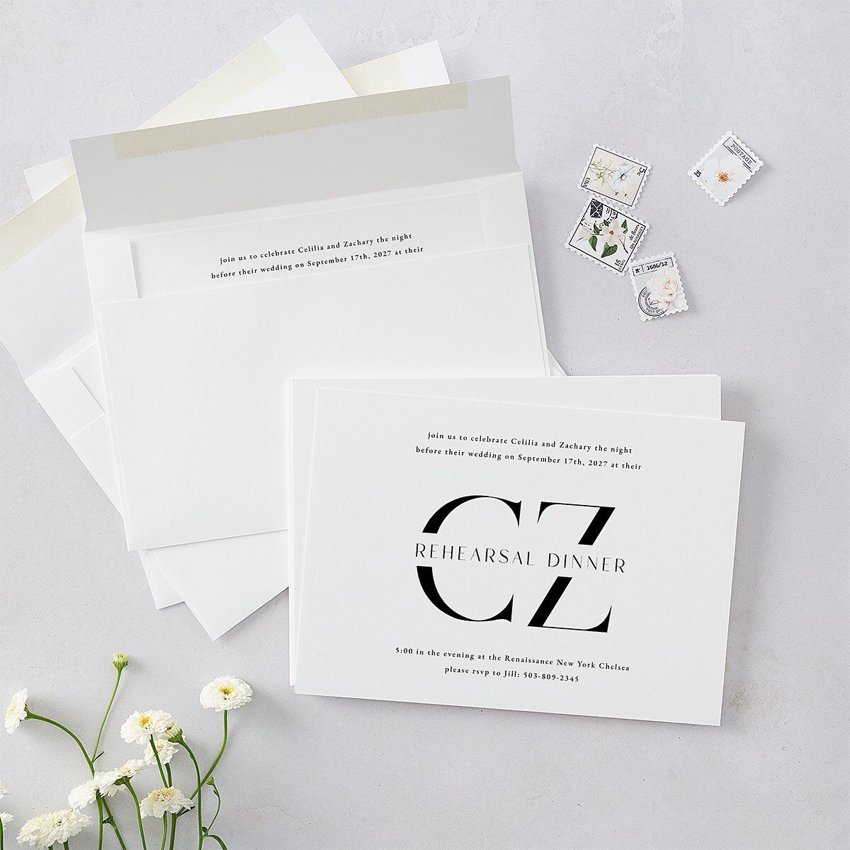 Simple Modern Monogram Rehearsal Dinner Invitations Pure White Signature Blank Standard