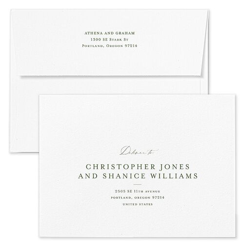 Intricate Vintage Save The Date Card Envelopes White Peridot Both Recipient and Return Addresses Signature Standard
