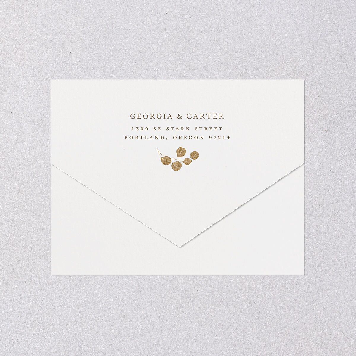 Ethereal Greenery and Gold All-in-One Wedding Invitations Pure White Signature Light Both Recipient and Return Addresses No