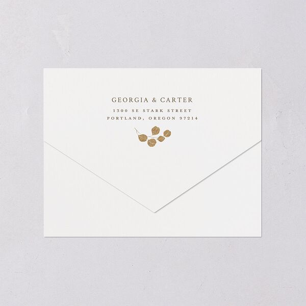 Ethereal Greenery and Gold All-in-One Wedding Invitations Pure White Signature Light Both Recipient and Return Addresses No