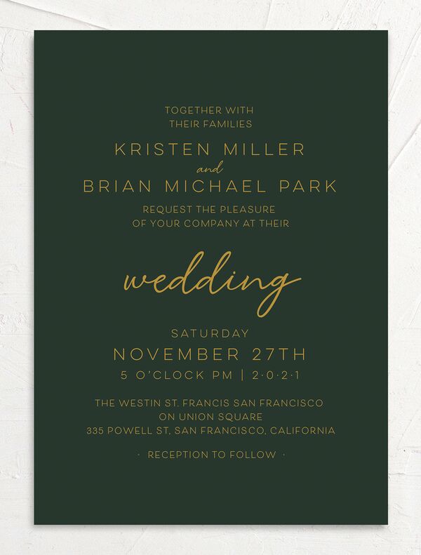 Gold Calligraphy Wedding Invitations front in Green