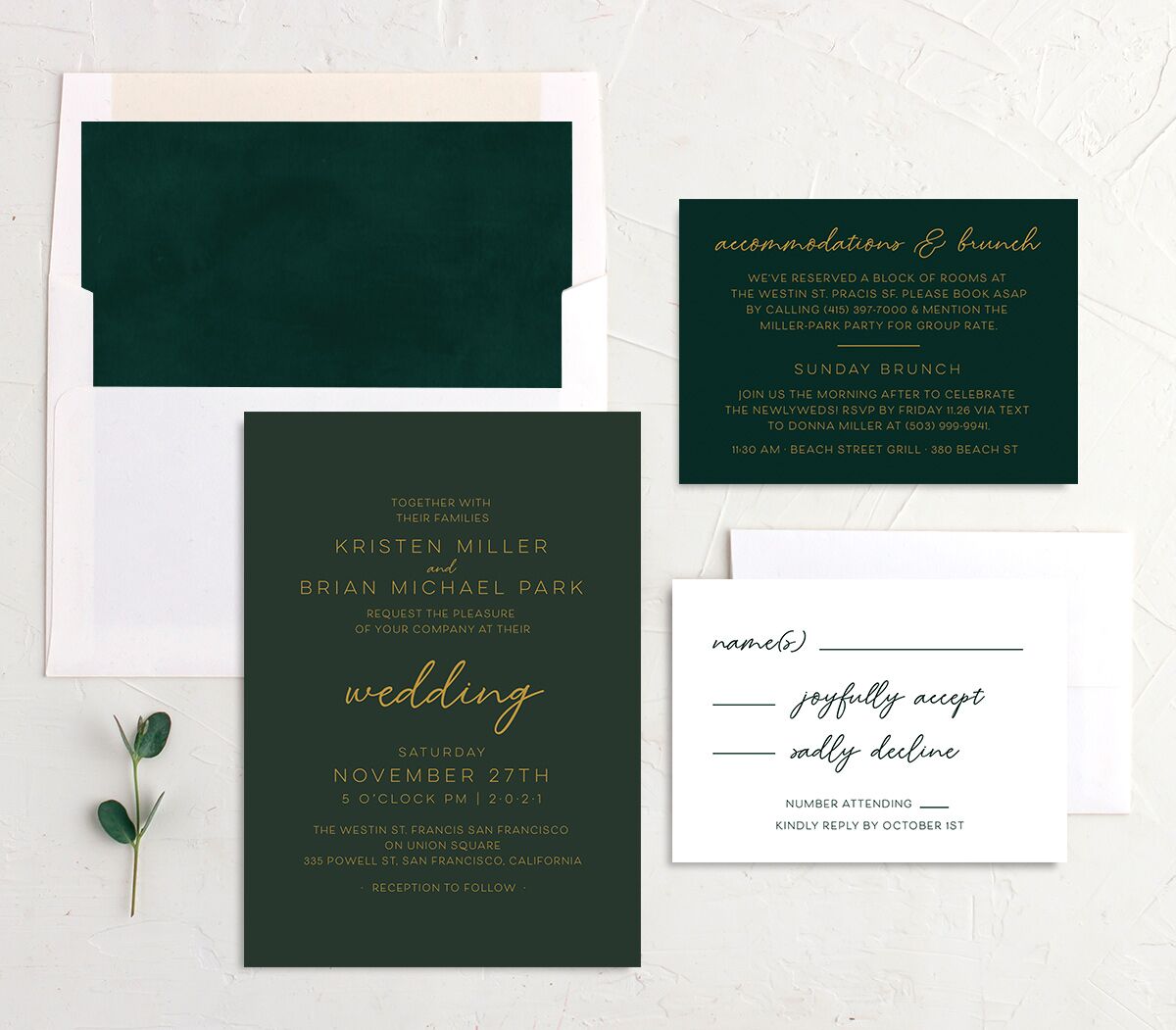 Gold Calligraphy Wedding Invitations suite in Green