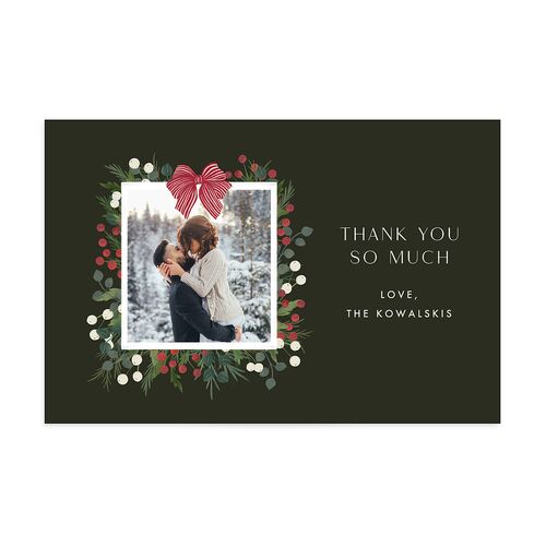 Rustic Holiday Foliage with Bow Thank You Postcards Hunter Green