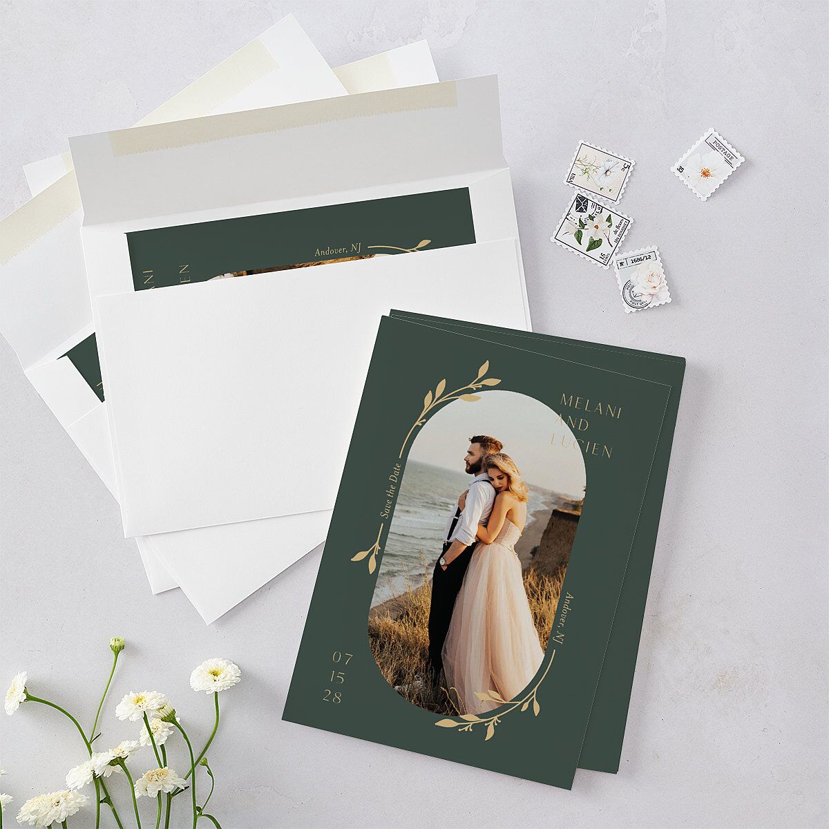Gilded Sprigs Save The Date Cards Dark Emerald Signature smooth Blank No Standard