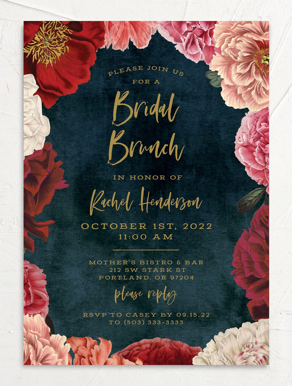 Midnight Peony Bridal Shower Invitations front in blue
