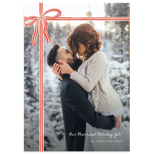 Striped Bow Photo Holiday Cards Ruby Signature Blank Standard Portrait