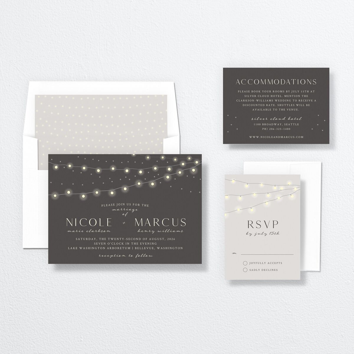 Strung Lights Wedding Invitations Medieval Grey Signature No