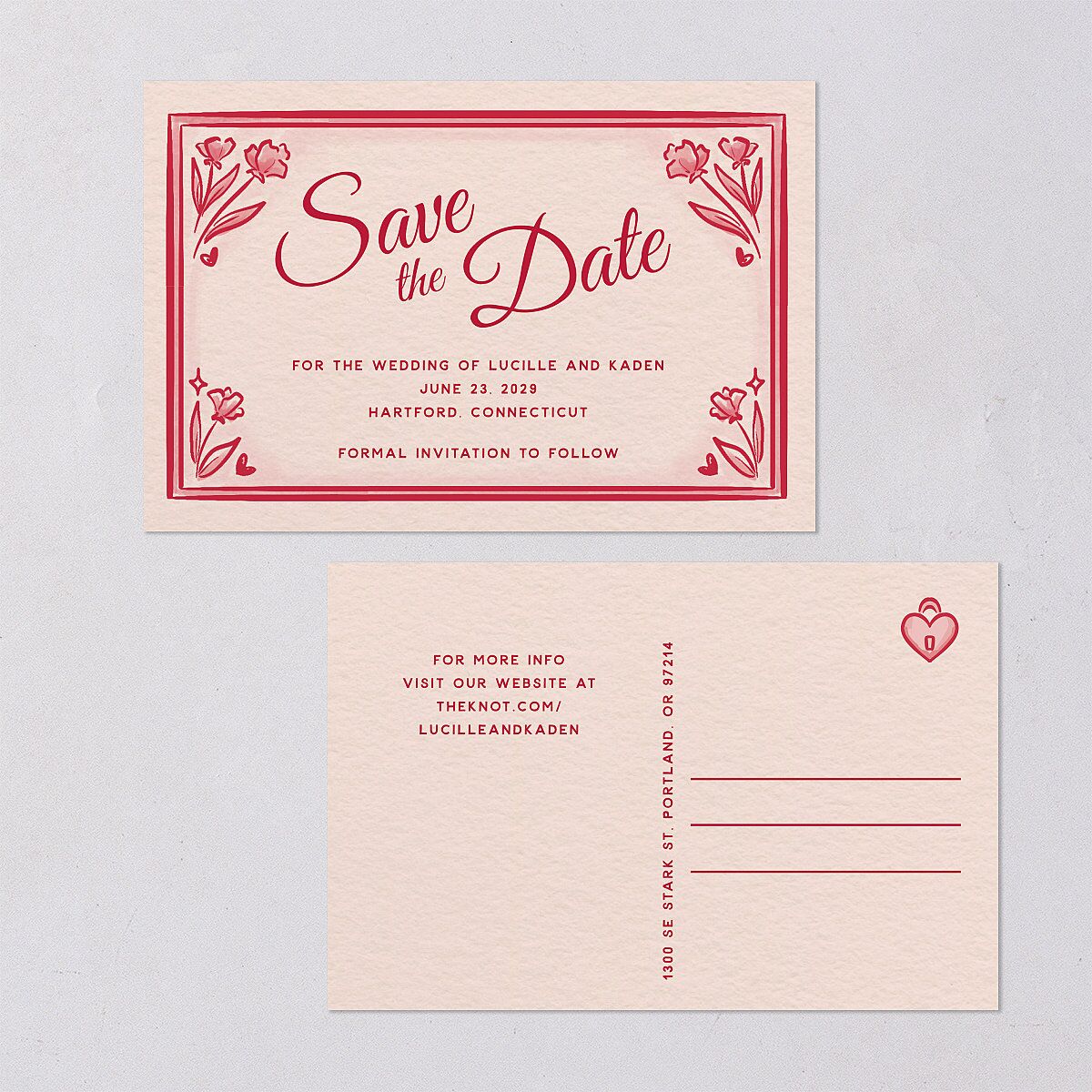 Vintage Heart Locket Save the Date Postcards Crimson