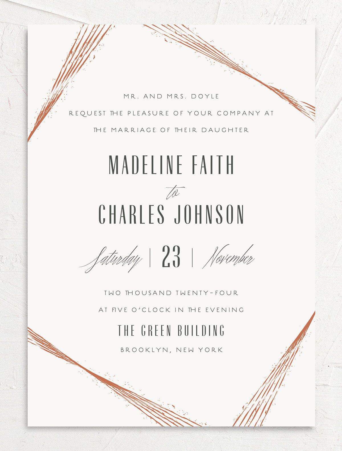 Elegant Industrial Wedding Invitations front in white