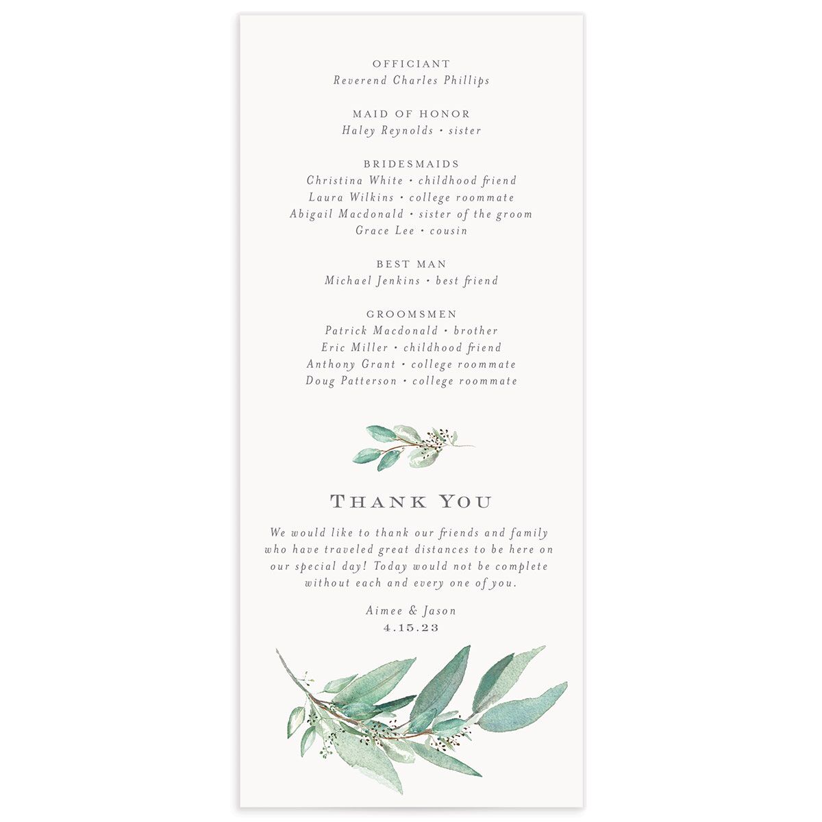 Painted Branch Wedding Programs back in green
