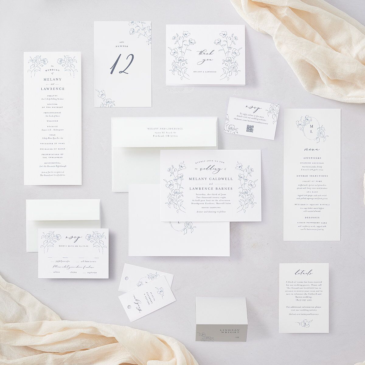 Floral Adornment Wedding Invitations Dusty Blue Signature Blank No Standard