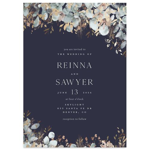 Eucalyptus Edges Wedding Invitations Gold Navy Signature Blank No Standard