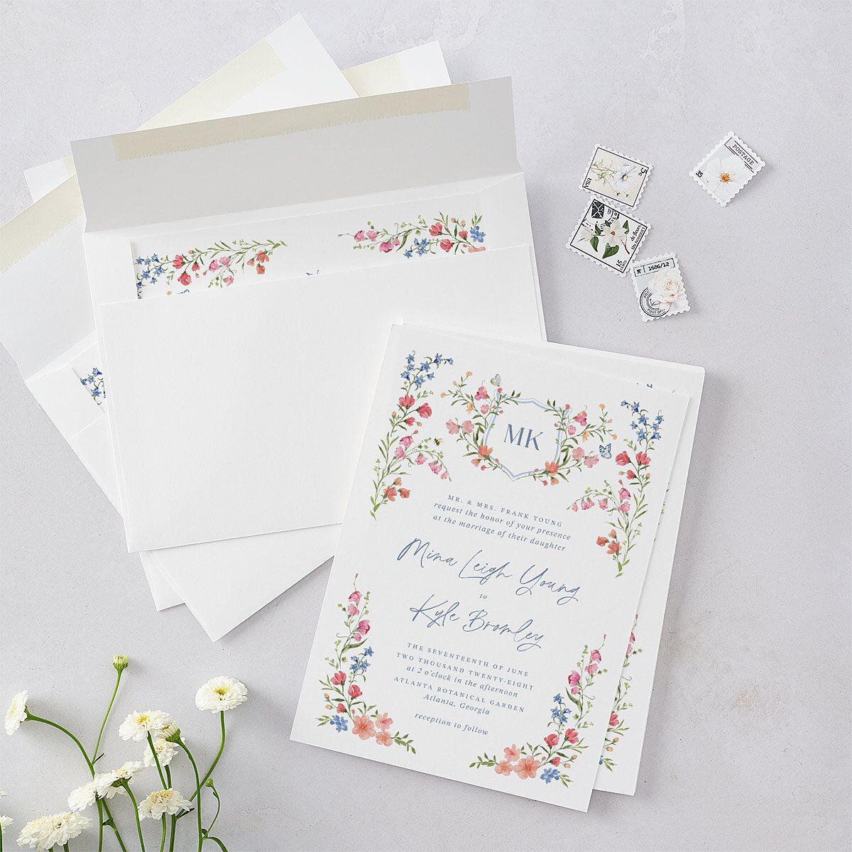 Fairytale Wildflower Crest Wedding Invitations Pure White Signature Blank No Standard