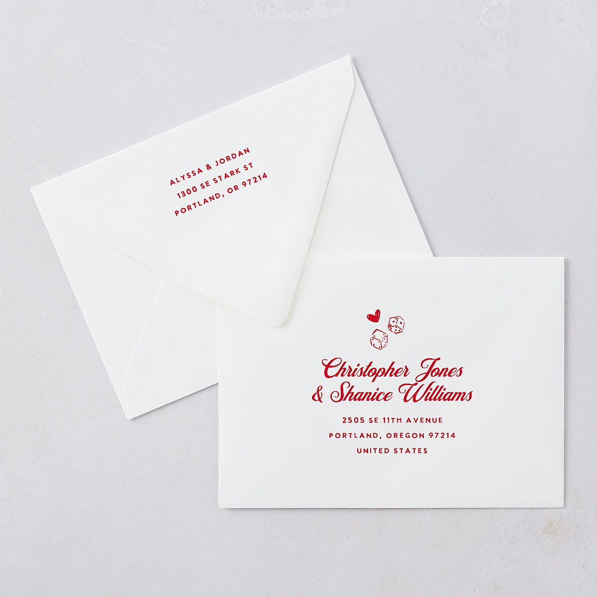Hand Drawn Las Vegas Hearts Wedding Invitation Euro Envelopes White Crimson Both Recipient and Return Addresses Luxe Signature