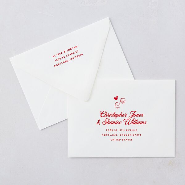 Hand Drawn Las Vegas Hearts Wedding Invitation Euro Envelopes White Crimson Both Recipient and Return Addresses Luxe Signature