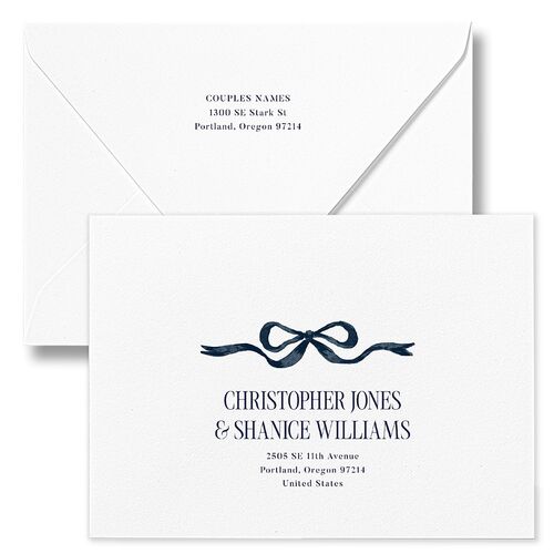 Whimsical Hand Drawn Bow Bridal Shower Invitation Euro Envelopes White Moody Blue Both Recipient and Return Addresses Luxe Signature