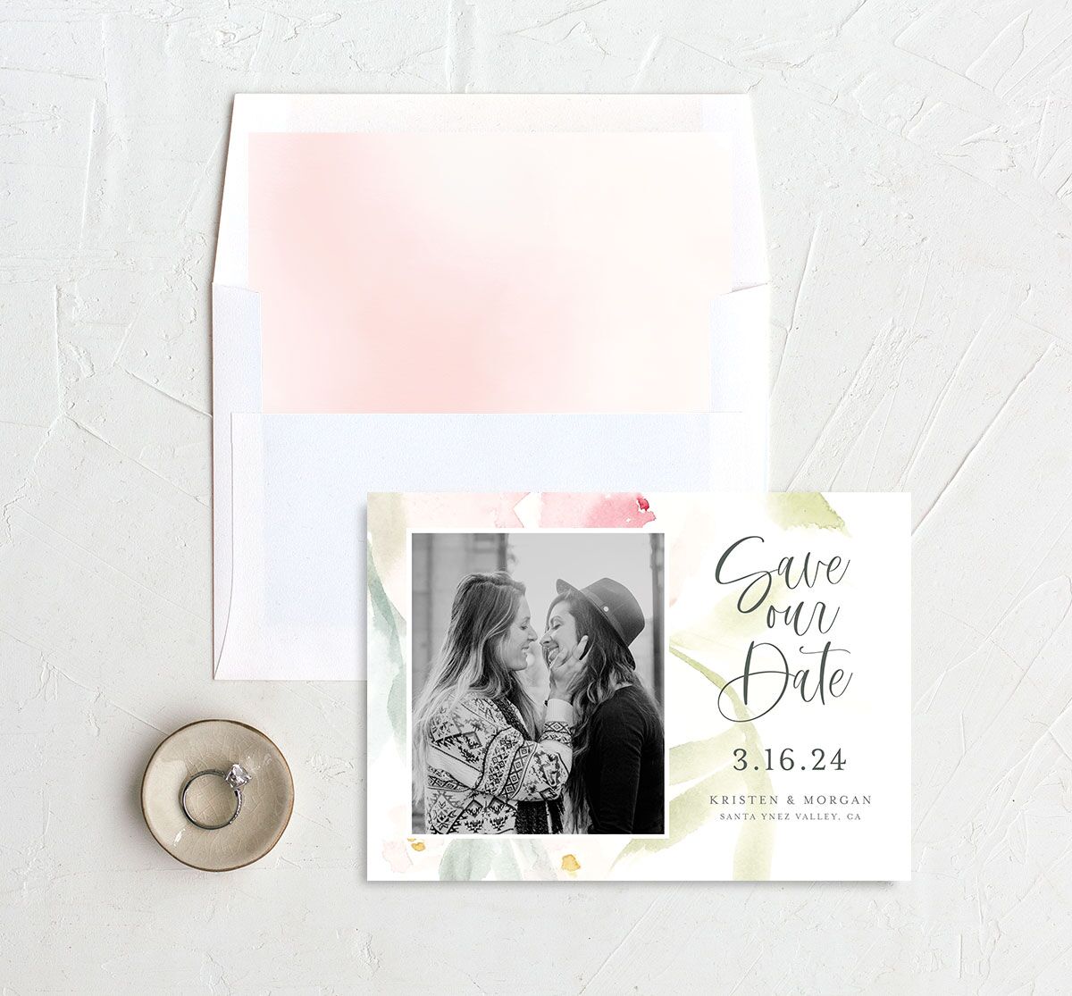 Romantic Watercolor Save The Date Cards envelope-and-liner