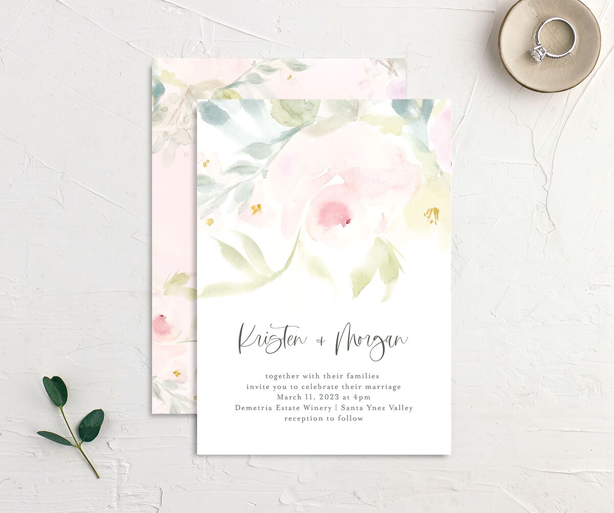 Romantic Watercolor Wedding Invitations front-and-back in pink
