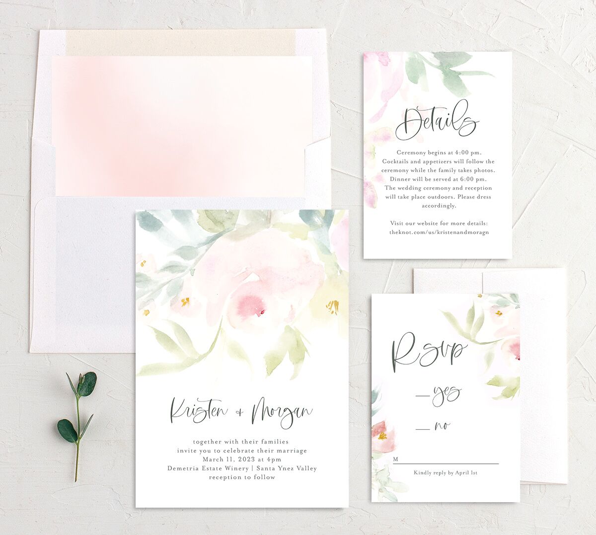 Romantic Watercolor Wedding Invitations suite in pink