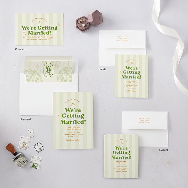Colorful Retro Stripes Save the Date Cards Sea Foam Signature smooth Blank No Standard