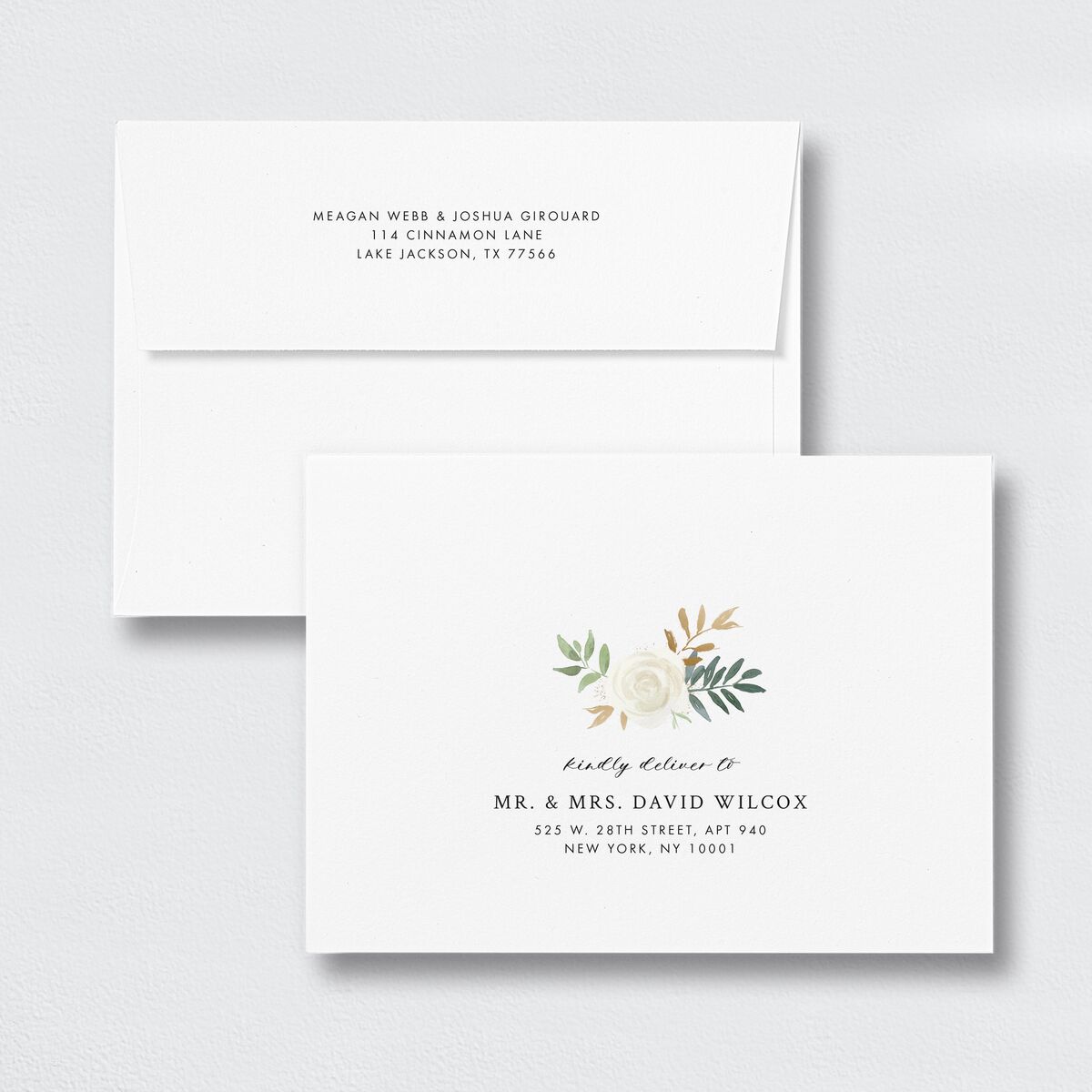 Floral Bouquet Save The Date Card Envelopes White Standard Linen Both Recipient and Return Addresses Signature