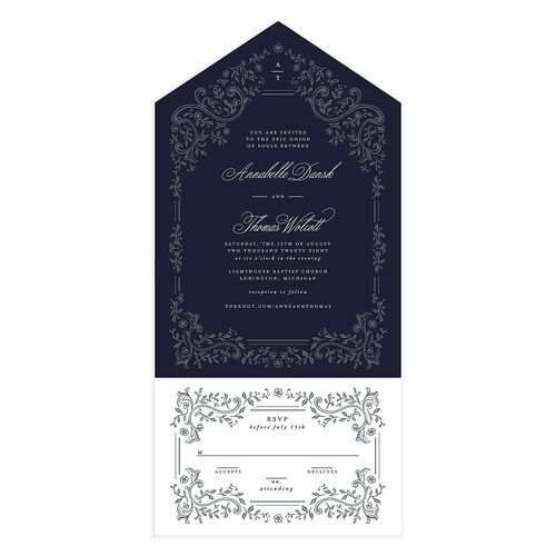 Luxury Victorian Gothic Lace All-in-One Wedding Invitations Navy Signature Light Both Recipient and Return Addresses No