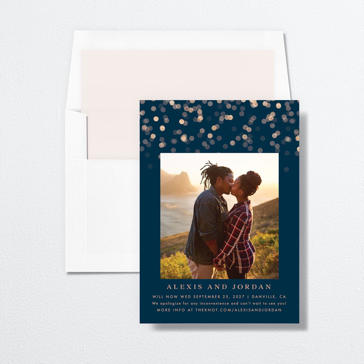 Elegant Glow Change the Date Cards Navy Signature