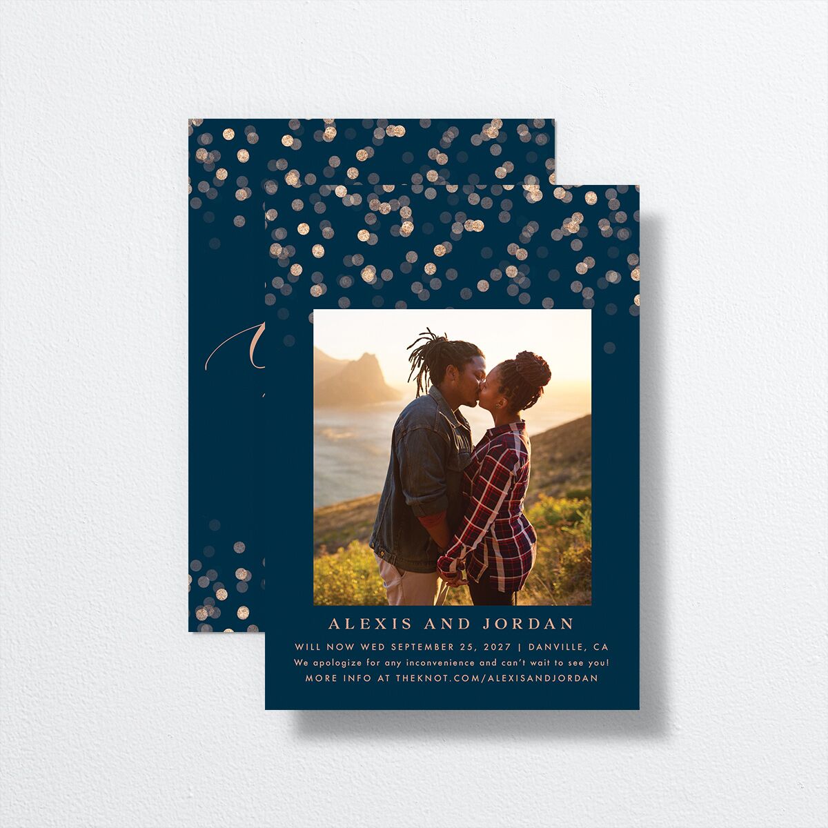 Elegant Glow Change the Date Cards Navy Signature