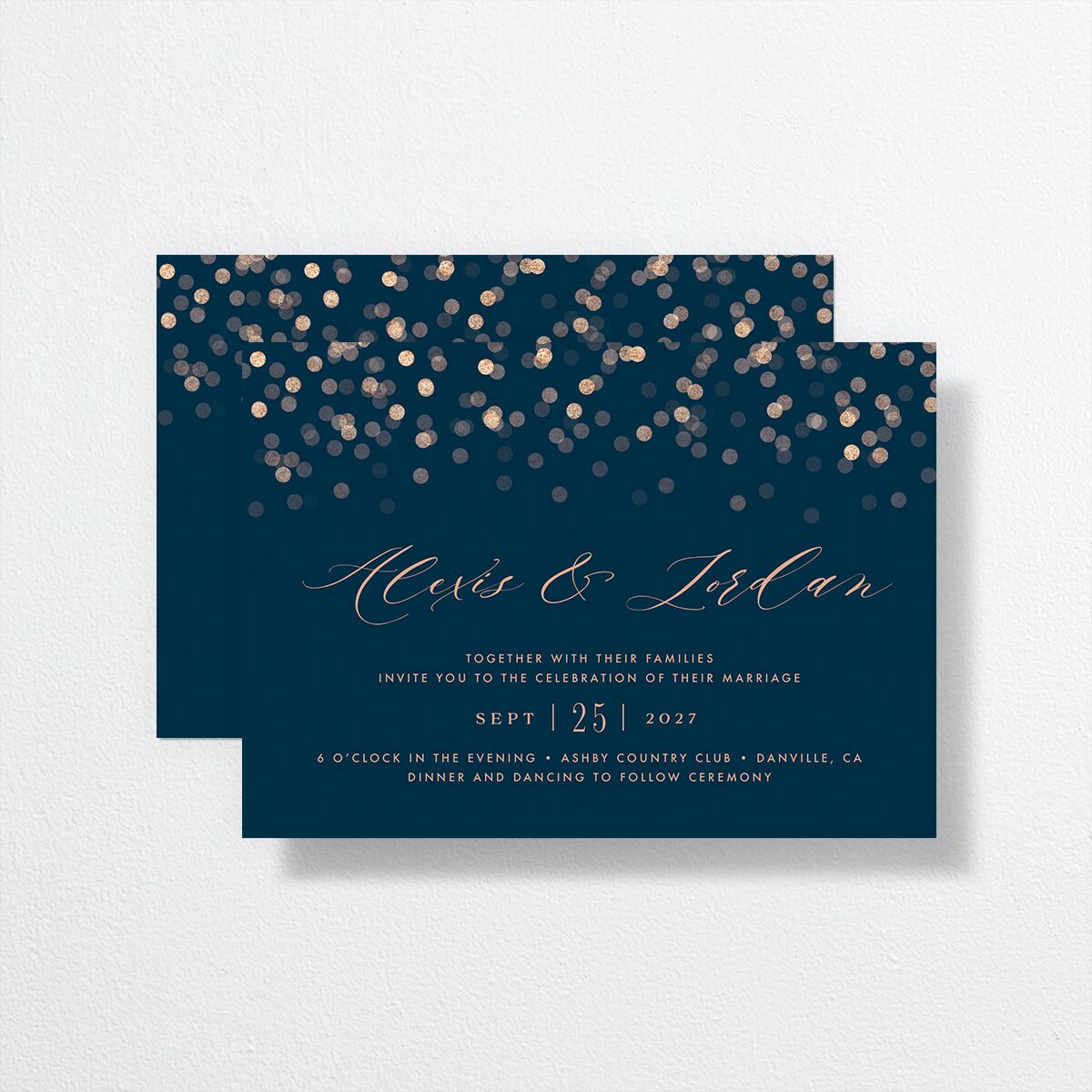 Elegant Glow Wedding Invitations front-and-back in blue