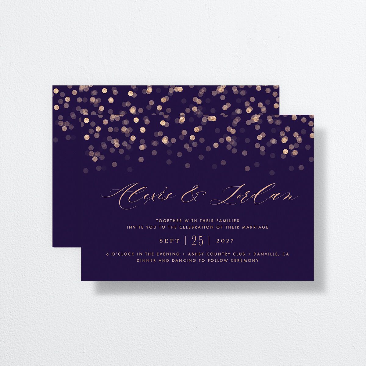 Elegant Glow Wedding Invitations front-and-back in purple