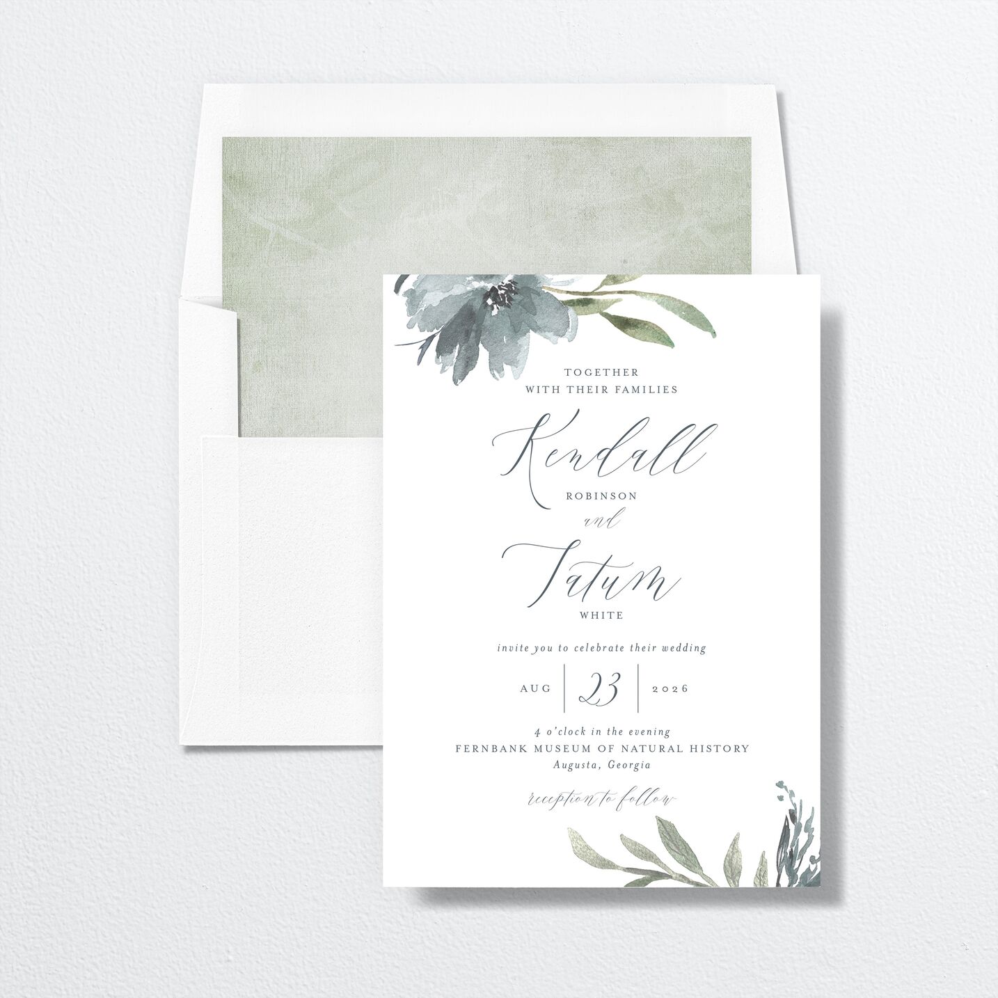Muted Floral Change the Date Cards envelope-and-liner in blue