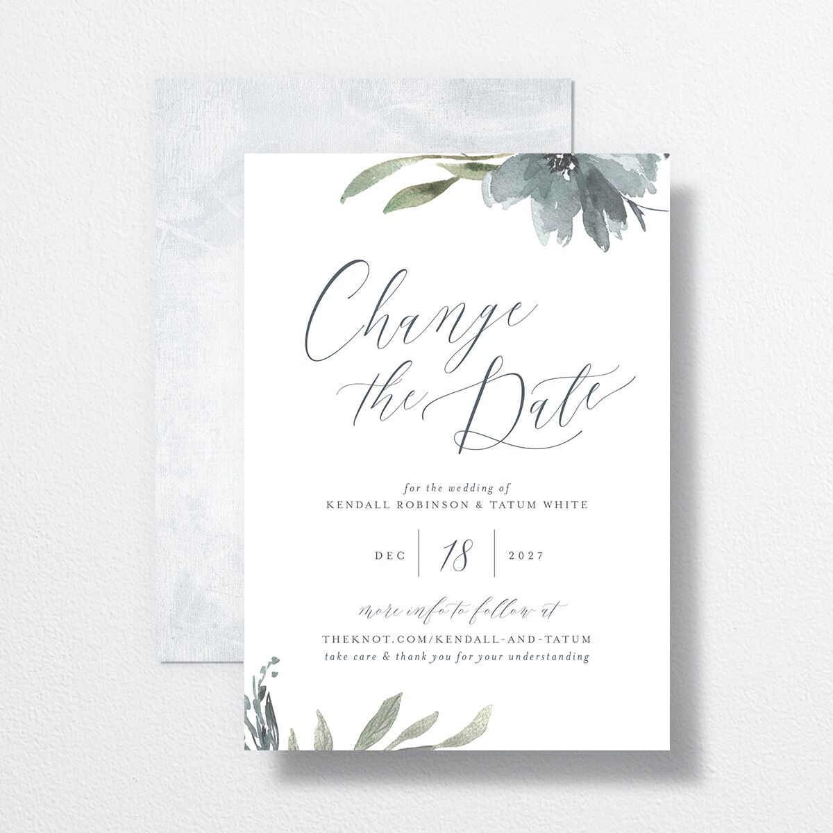 Muted Floral Change the Date Cards front-and-back in blue