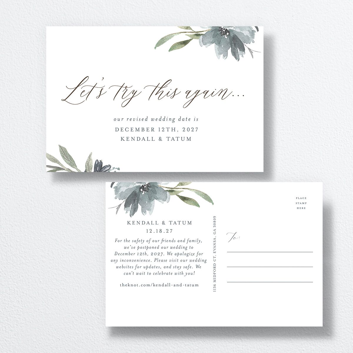 Muted Floral Change the Date Postcards front-and-back