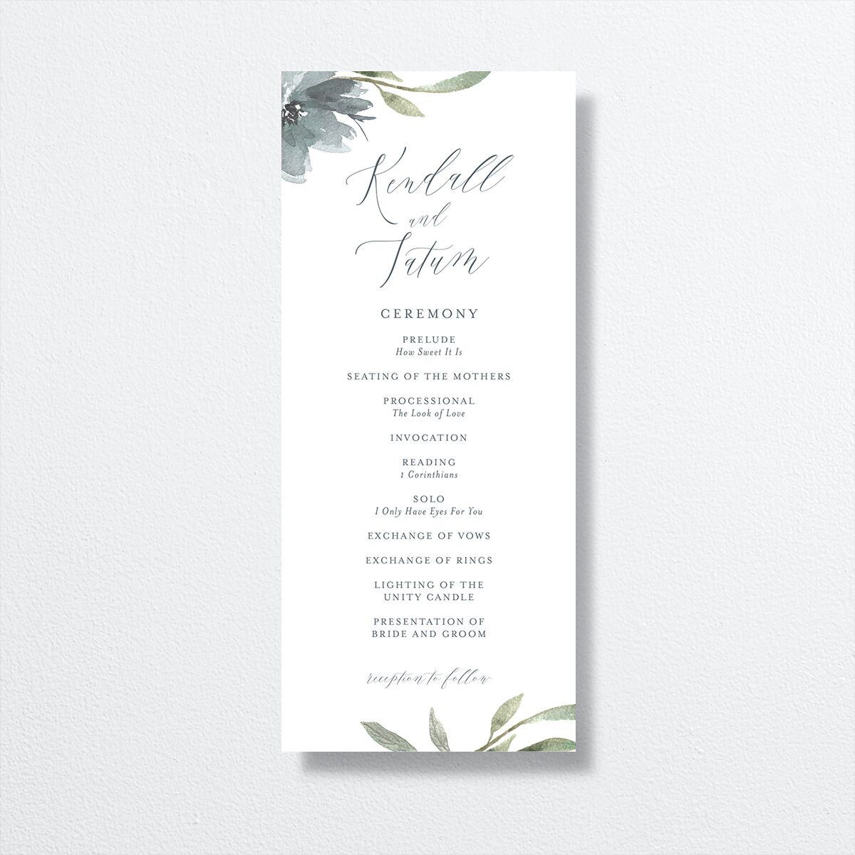 Muted Floral Wedding Programs front in blue