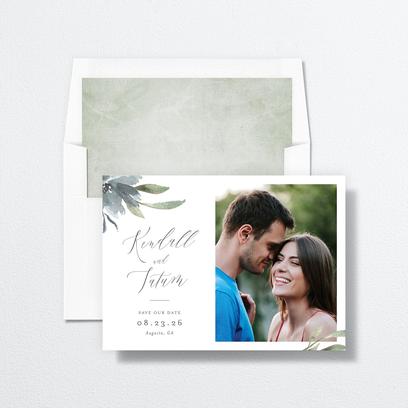 Muted Floral Save The Date Cards envelope-and-liner in blue
