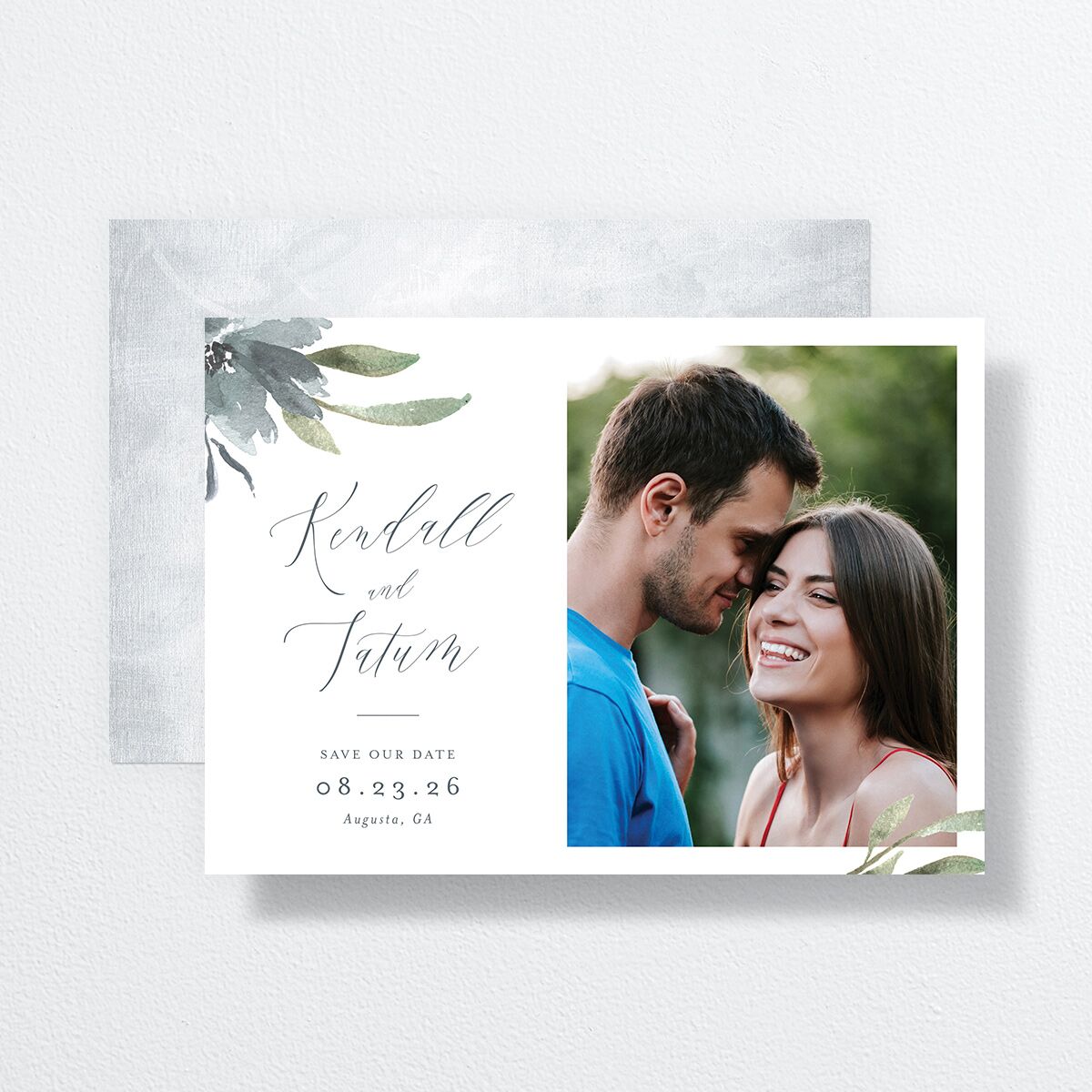 Muted Floral Save The Date Cards front-and-back in blue