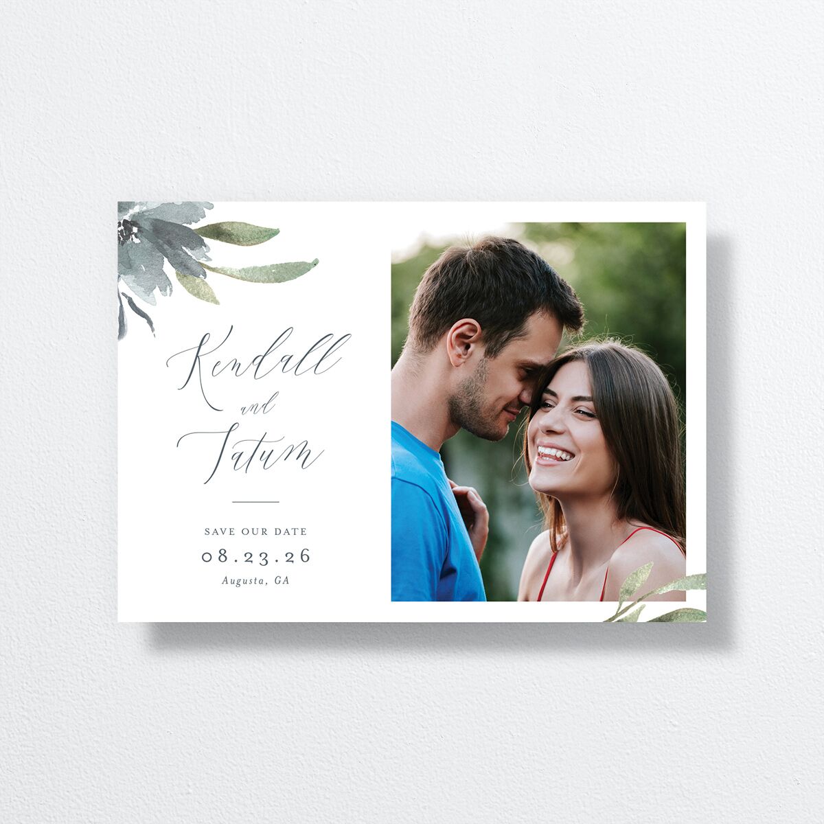 Muted Floral Save The Date Cards front in blue