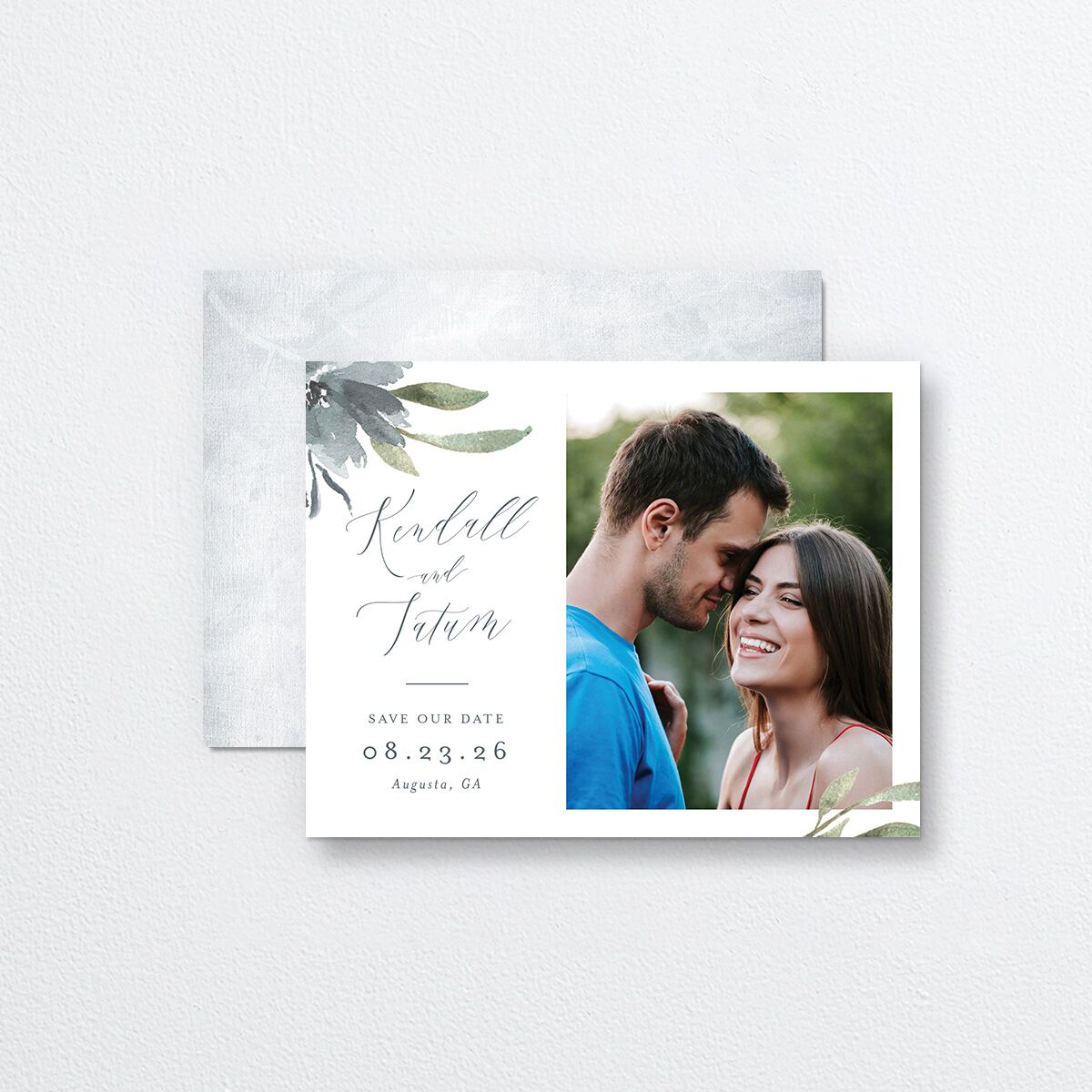 Muted Floral Save the Date Petite Cards front-and-back in Blue